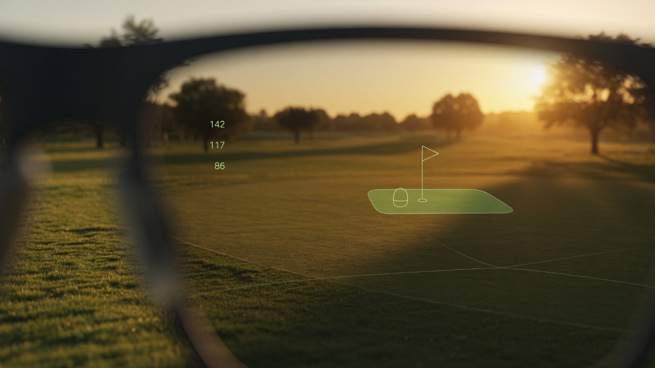 Vista in prima persona attraverso la lente sul fairway, con HUD verde tenue in sovrimpressione sul green
