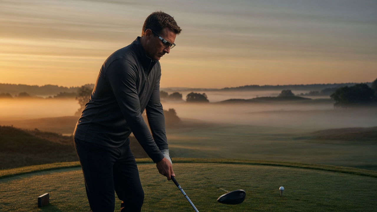 Golfista con gli occhiali indossati al tee, pronto al colpo